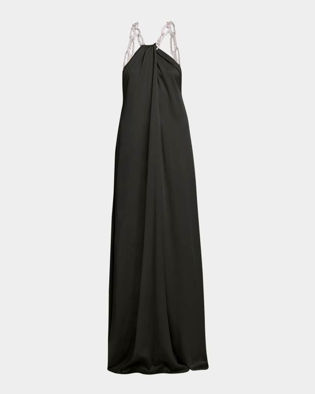 Chain Embellished Halter Satin Maxi Dress